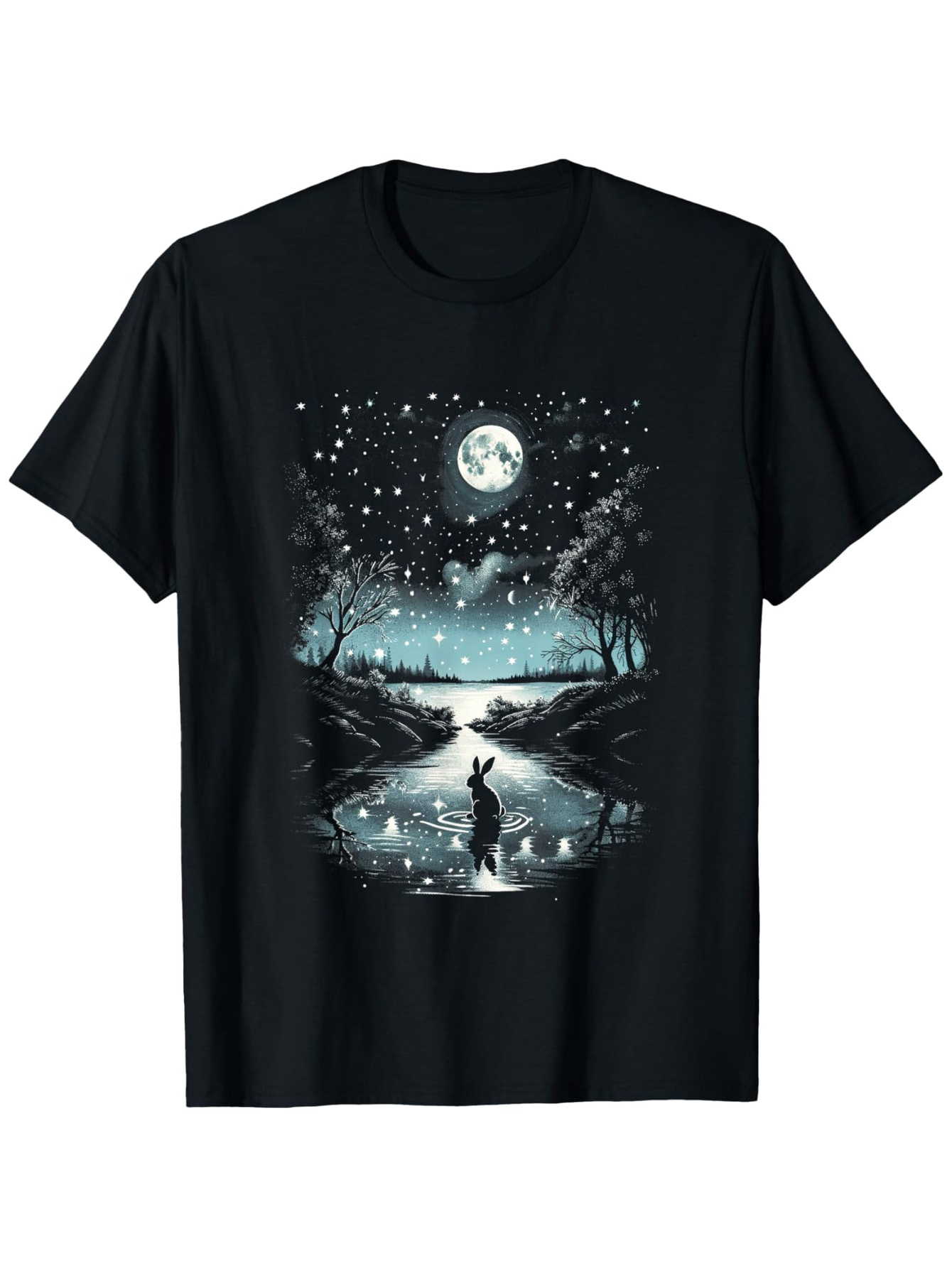 Men's Graphic T-Shirt Starry Night Lights And Reflections Over Calm River With Silhouetted Cat
