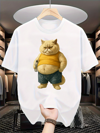 Men's Graphic T-Shirt Confident Cat Standing With Shorts And Yellow Vest Cat