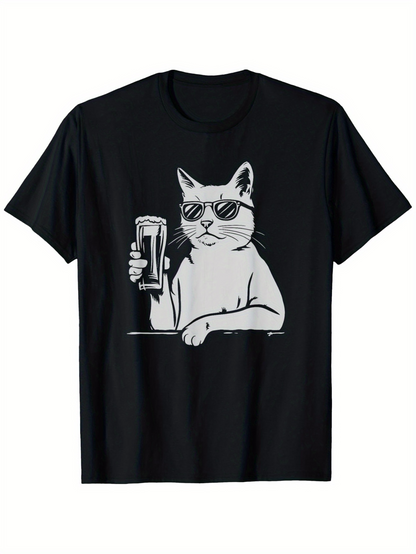 Men's Graphic T-Shirt Cool Cat With Sunglasses Holding A Beer In Relaxed Bar Atmosphere Cat