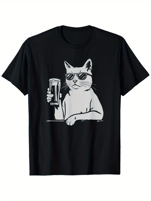 Men's Graphic T-Shirt Cool Cat With Sunglasses Holding A Beer In Relaxed Bar Atmosphere Cat