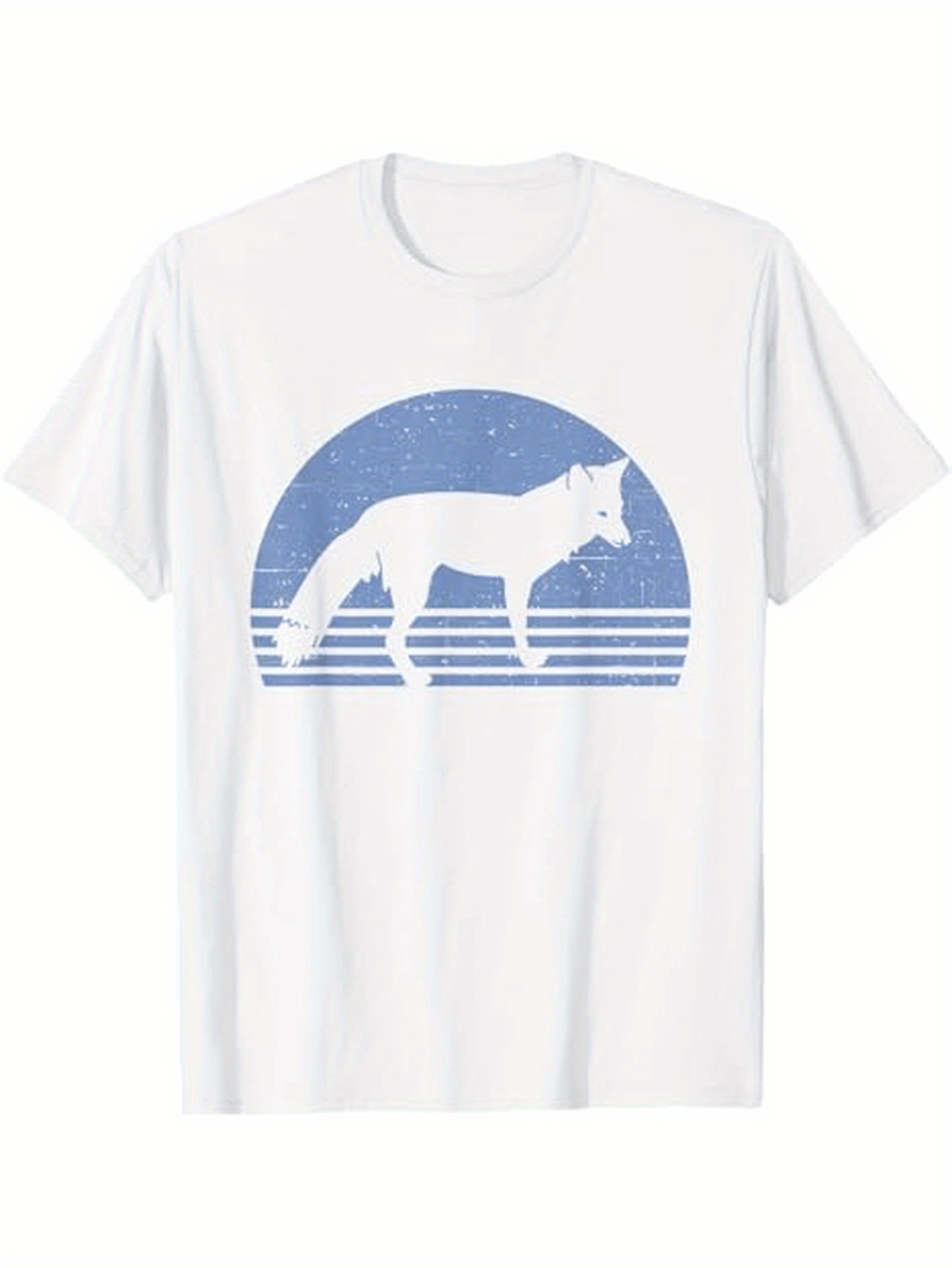 Men's Graphic T-Shirt Retro Blue Sunset With Howling Lone Wolf Silhouette
