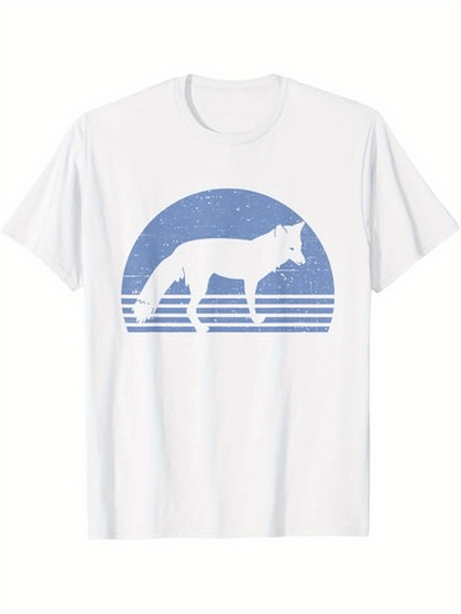 Men's Graphic T-Shirt Retro Blue Sunset With Howling Lone Wolf Silhouette