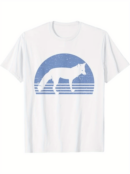 Men's Graphic T-Shirt Retro Blue Sunset With Howling Lone Wolf Silhouette
