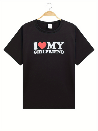 Men's Graphic T-Shirt I Love My Girlfriend White Bold Letters With Red Heart On Black Tee