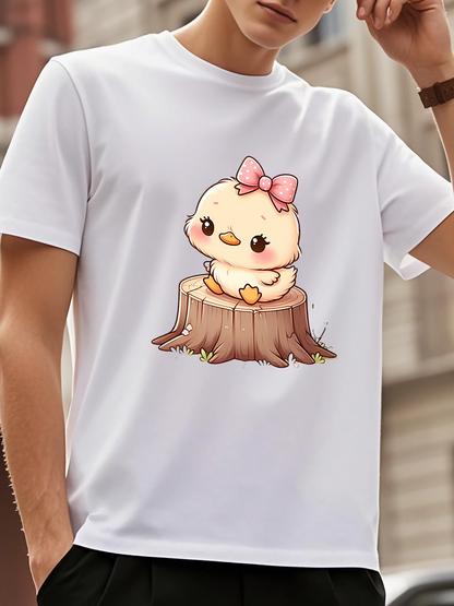 Men's Graphic T-Shirt Adorable Cartoon Chick With Pink Bow Sitting On Tree Stump