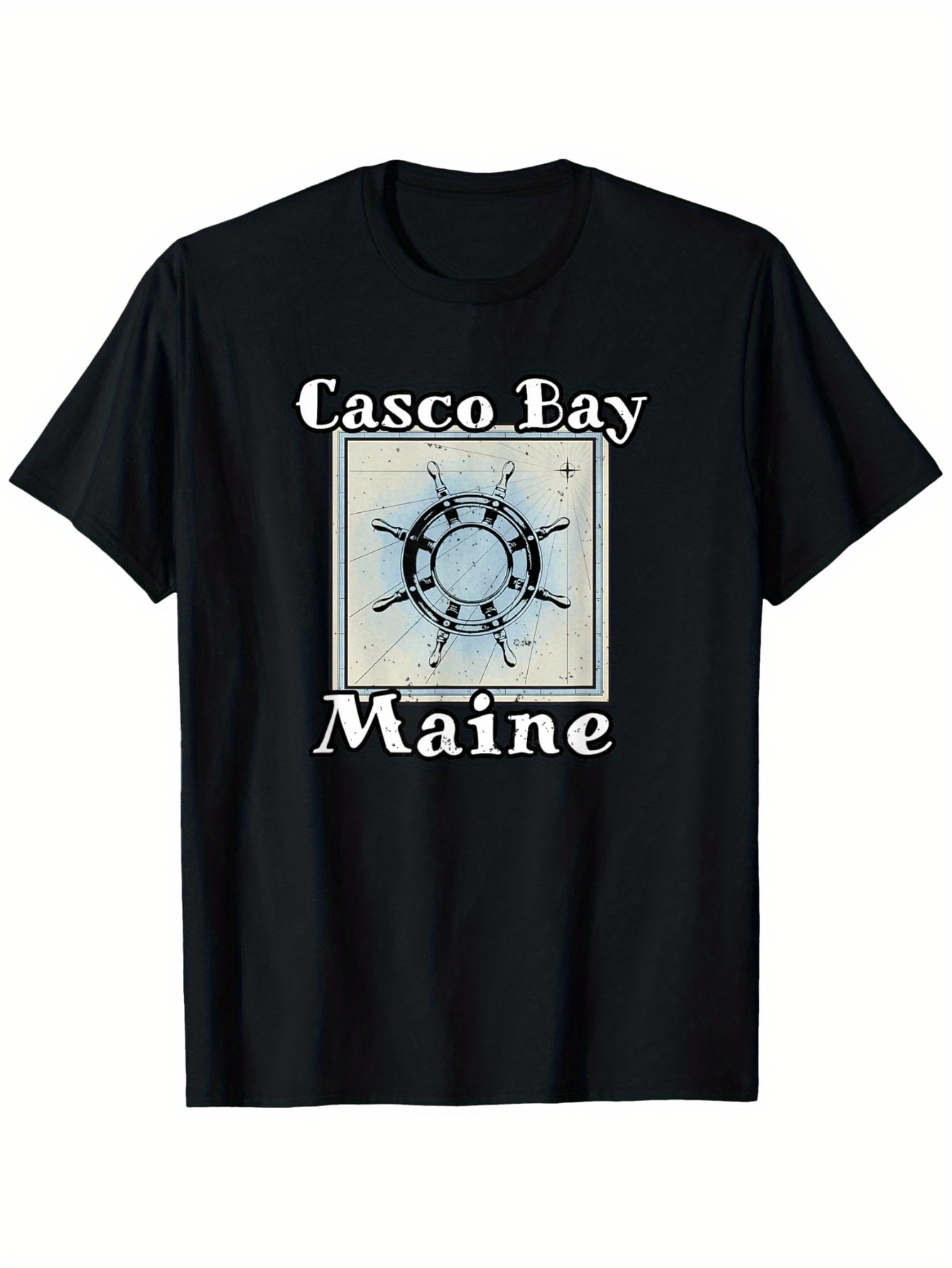 Men's Graphic T-Shirt Casco Bay Maine Vintage Ship Wheel Nautical Sketch Central Artwork