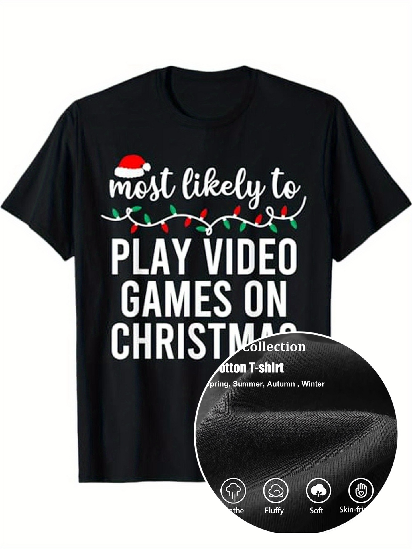 Men's Graphic T-Shirt Most Likely To Play Video Games On Christmas Holiday Lights Santa Hat T Shirt