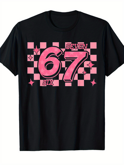 Men's Graphic T-Shirt Pink Checkered Block Pattern With Stylized Numbers And Playful Accents Seventy Seven