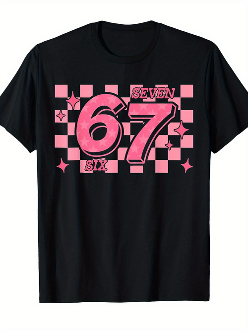 Men's Graphic T-Shirt Pink Checkered Block Pattern With Stylized Numbers And Playful Accents Seventy Seven