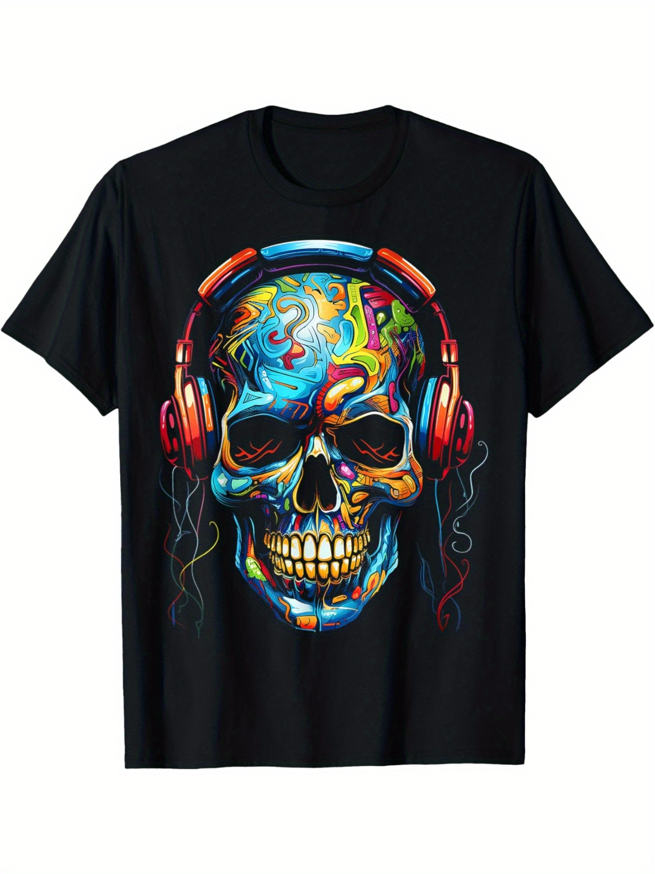 Men's Graphic T-Shirt Psychedelic Neon Swirls With Headphones Adorning A Painted Skull