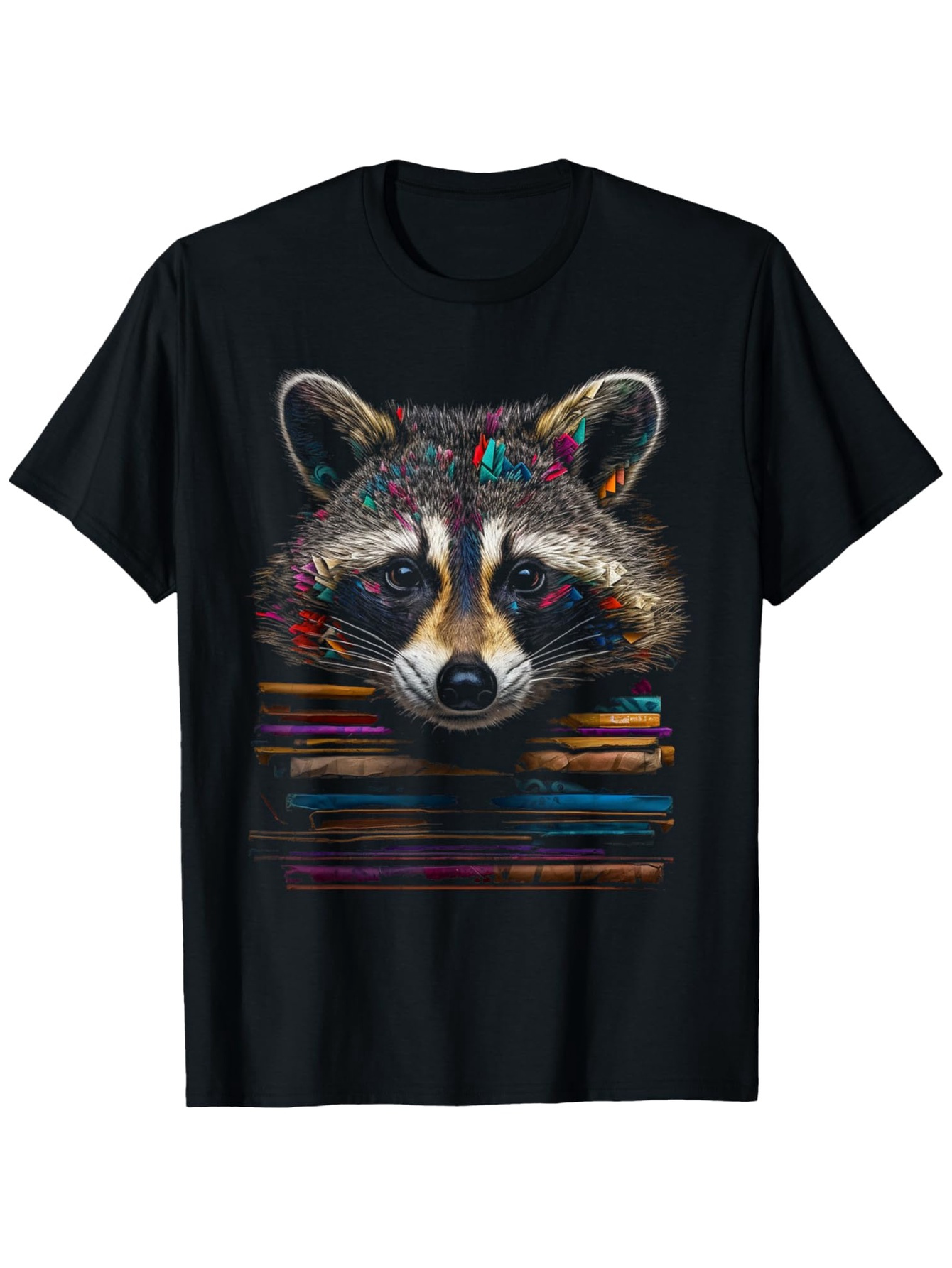 Men's Graphic T-Shirt Colorful Brush Stroke Patterns Surrounding A Realistic Raccoon Face