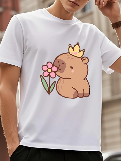 Men's Graphic T-Shirt Cute Brown Capybara Sniffing Pink Flower Wearing Yellow Crown