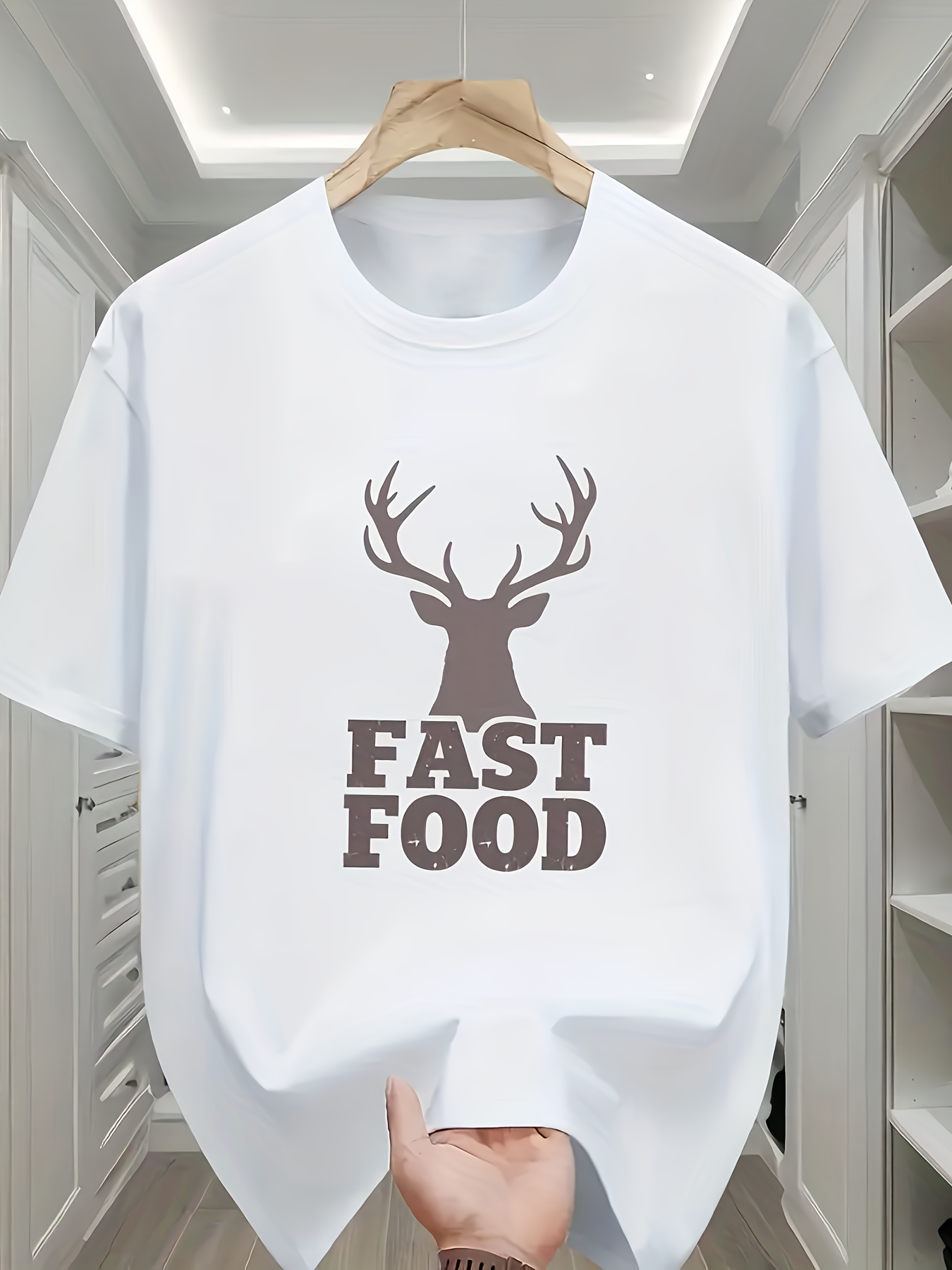 Men's Graphic T-Shirt Fast Food Playful Bold Lettering With Deer Silhouette Design