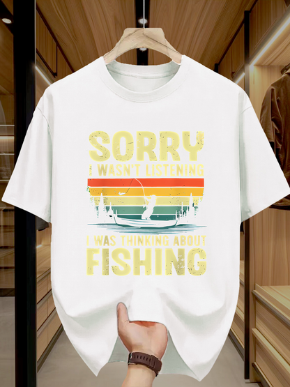 Men's Graphic T-Shirt Sorry I Was Thinking About Fishing With Retro Sunset And Silhouetted Trees Boat