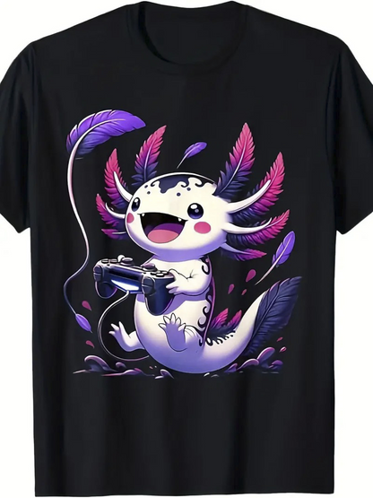 Men's Graphic T-Shirt Playful Axolotl Surrounded By Pink Feathers Holding A Game Controller