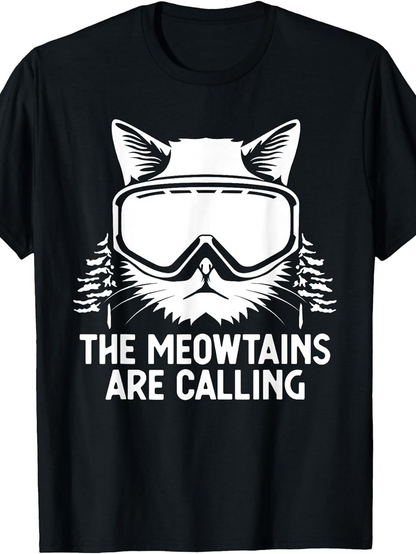 Men's Graphic T-Shirt The Meowtains Are Calling Fluffy Snow Covered Pines With Cat Wearing Goggles