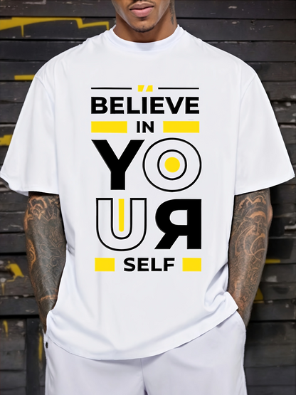 Men's Graphic T-Shirt Believe In Yourself Bold Geometric Letters On White Tee