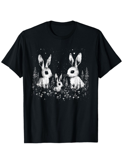 Men's Graphic T-Shirt Starry Night Scene With Wildflowers And Playful Rabbits Among Trees