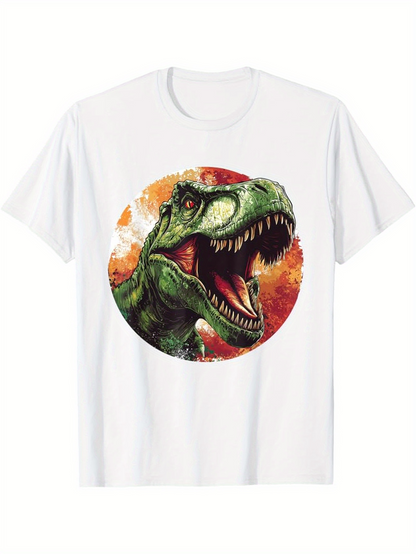 Men's Graphic T-Shirt Roaring Wild Green Dinosaur With Fiery Orange Sunlight Background