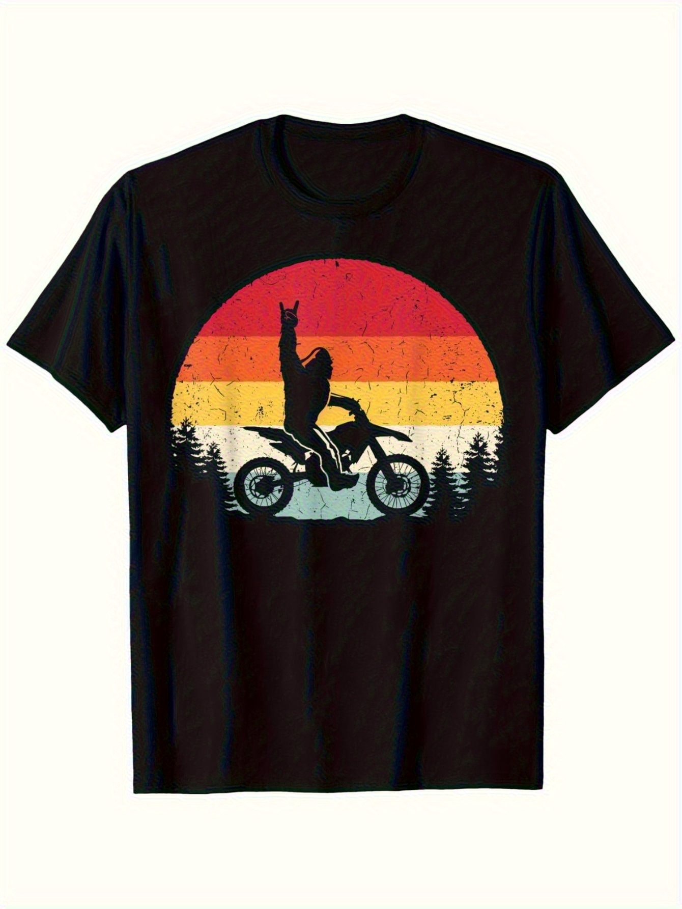 Men's Graphic T-Shirt Retro Sunset With Llama Riding Motorcycle In Pine Forest