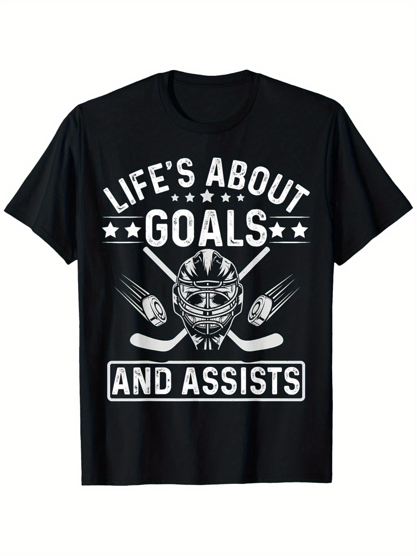 Men's Graphic T-Shirt Lifes About Goals And Assists With Hockey Helmet And Sticks Centered Graphic