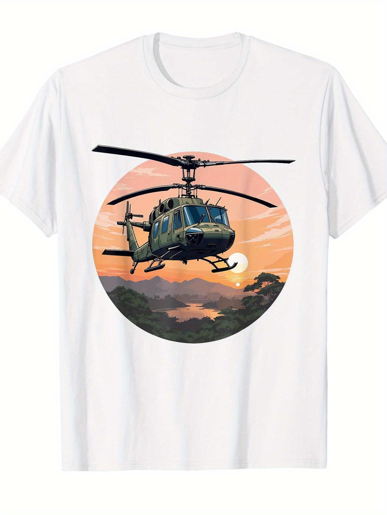 Men's Graphic T-Shirt Sunset Skies With Vibrant Clouds Silhouetting Graceful Flying Helicopter