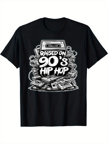 Men's Graphic T-Shirt Raised On Nineties Hip Hop Surrounded By Cassette Tapes And Bold Lettering Cassette Tape