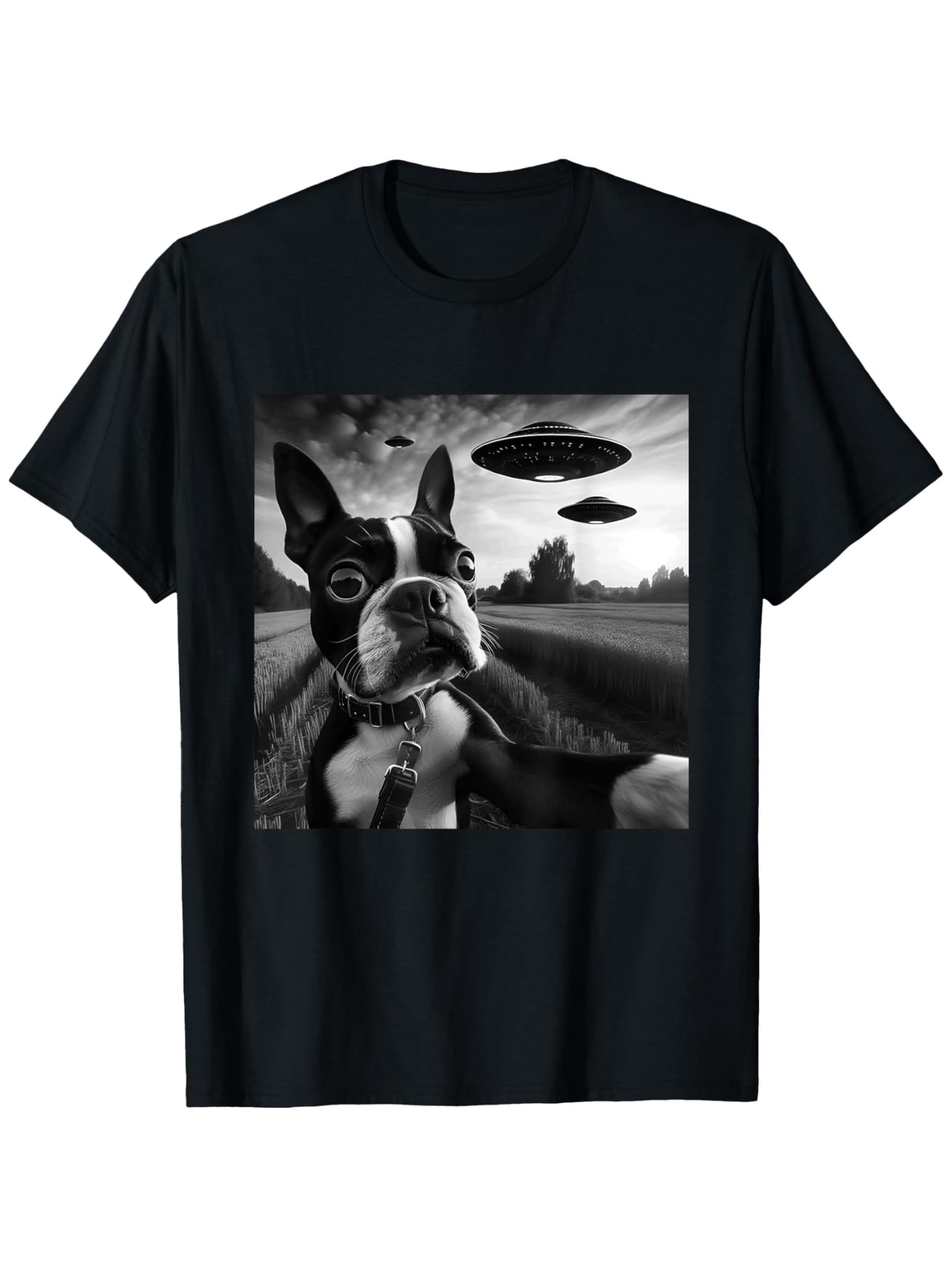 Men's Graphic T-Shirt Mysterious Fields Under Spaceships With A Surprised Boston Terrier Dog