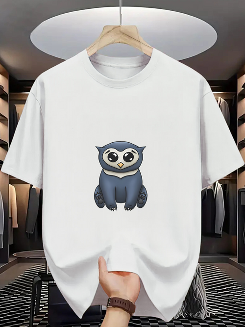Men's Graphic T-Shirt Gentle Cartoon Animal With Blue Feathers And Big Round Eyes Owl