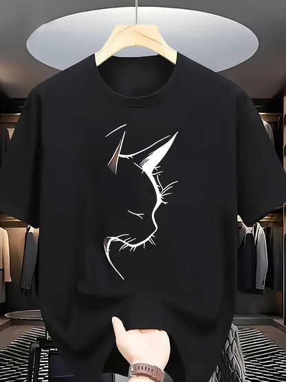 Men's Graphic T-Shirt Minimalist White Outline Cat Profile On Soft Black Fabric T Shirt