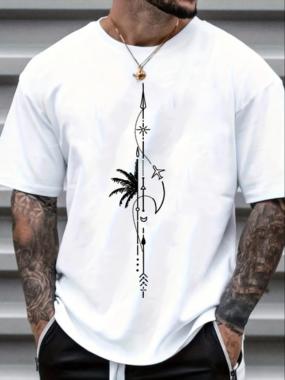 Men's Graphic T-Shirt Minimal Geometric Lines With Palm Tree And Flying Bird