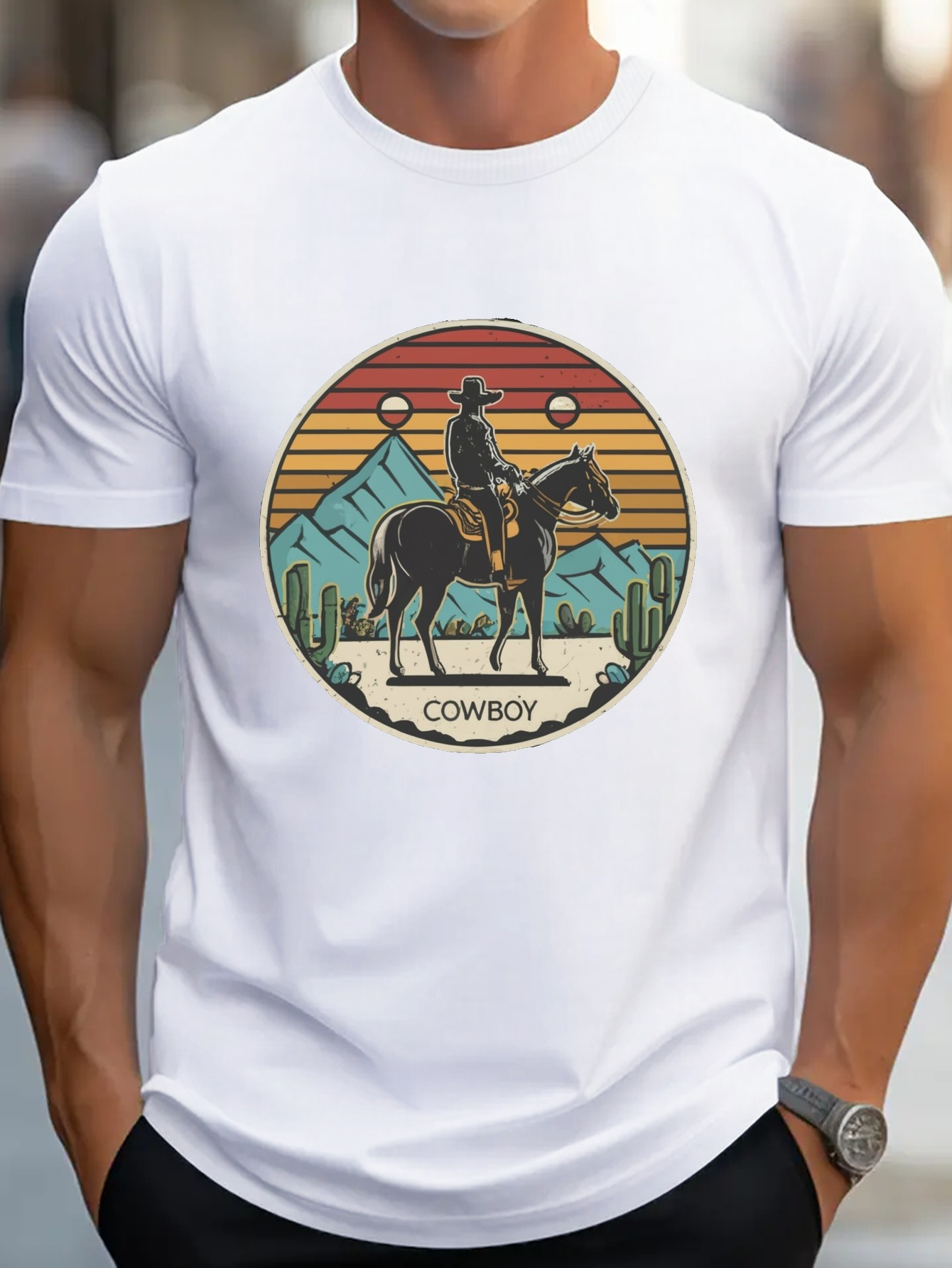Men's Graphic T-Shirt Cowboy Riding Horse With Desert Mountains Under Sunset Skies
