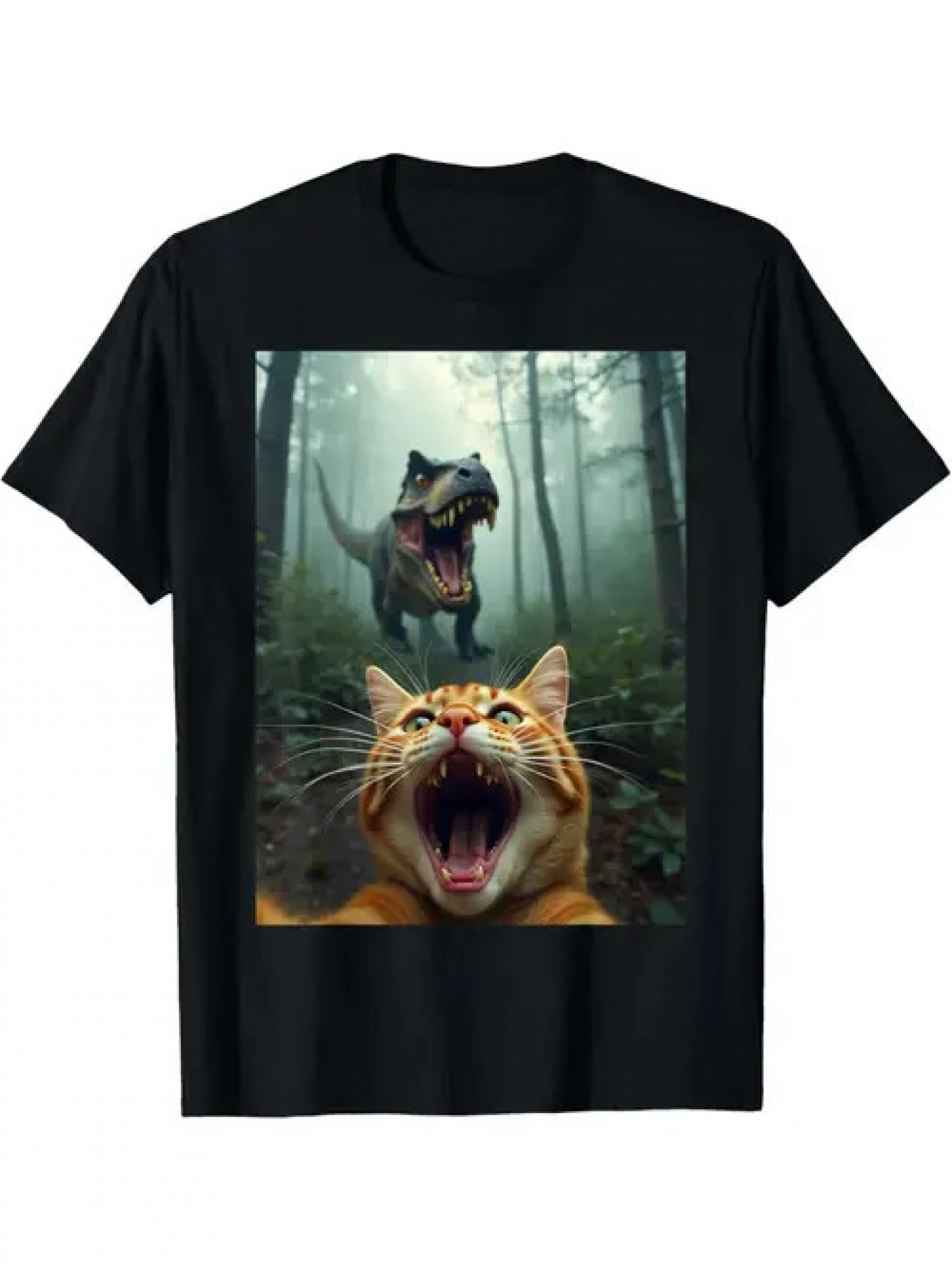 Men's Graphic T-Shirt Shocked Cat With Roaring Dinosaur In Misty Forest