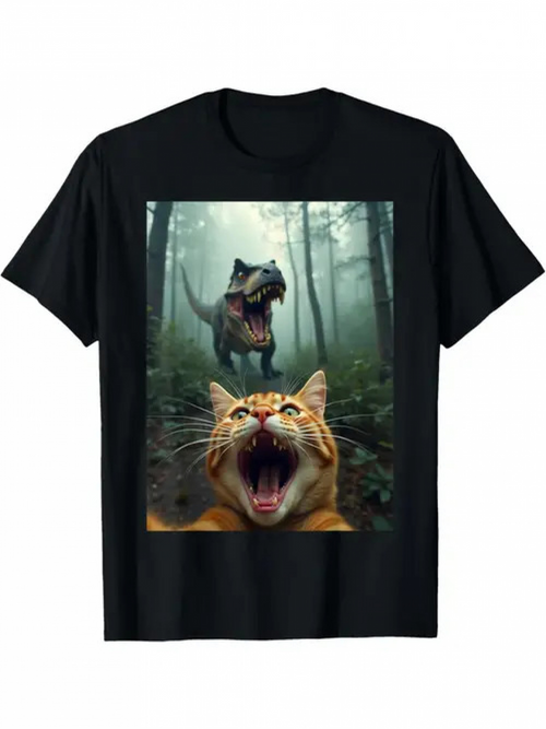 Men's Graphic T-Shirt Shocked Cat With Roaring Dinosaur In Misty Forest