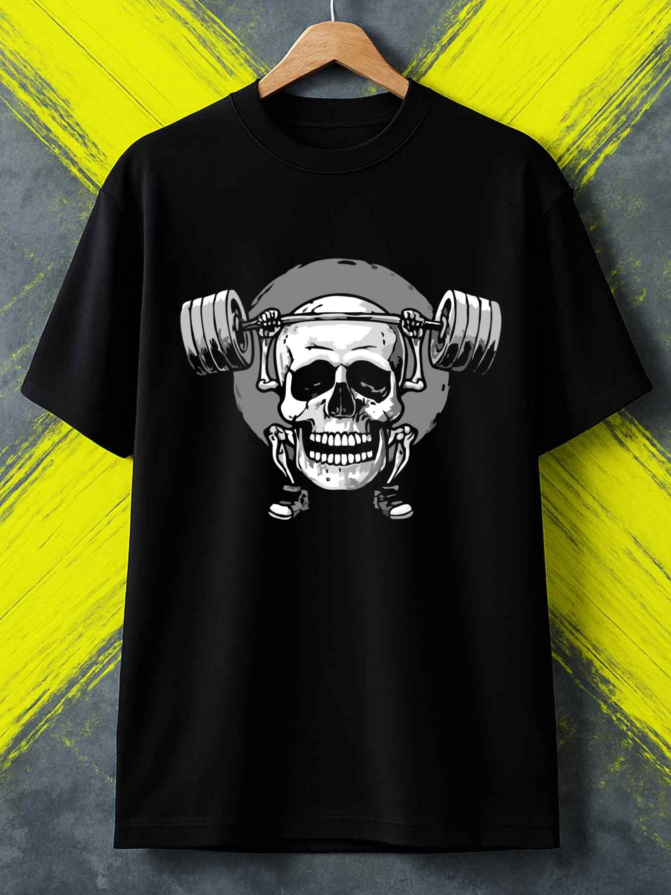 Men's Graphic T-Shirt Grinning Skull Lifting Heavy Weights With Determined Energy Barbell Skull