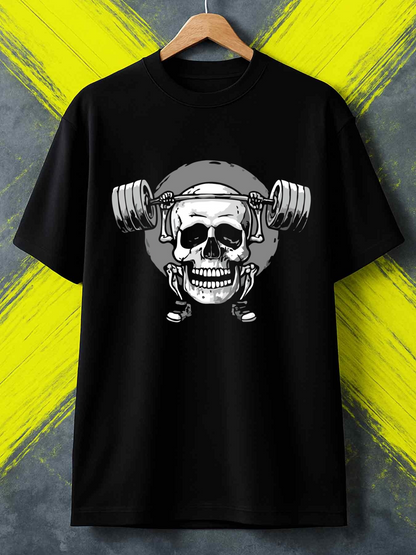 Men's Graphic T-Shirt Grinning Skull Lifting Heavy Weights With Determined Energy Barbell Skull