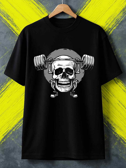 Men's Graphic T-Shirt Grinning Skull Lifting Heavy Weights With Determined Energy Barbell Skull