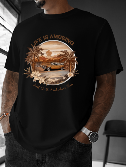 Men's Graphic T-Shirt Life Is Amusing Retro Car By Palm Trees Under Golden Sun