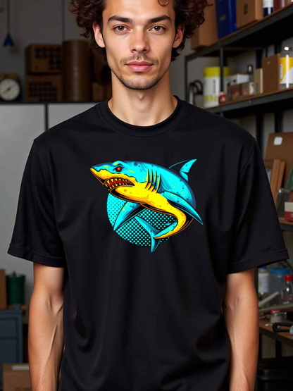 Men's Graphic T-Shirt Vibrant Ocean Glow With Fierce Shark And Radiant Blue Circles Shark