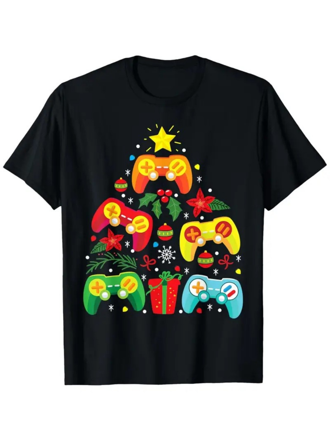 Men's Graphic T-Shirt Festive Holiday Tree With Colorful Game Controllers And Winter Gifts Tree