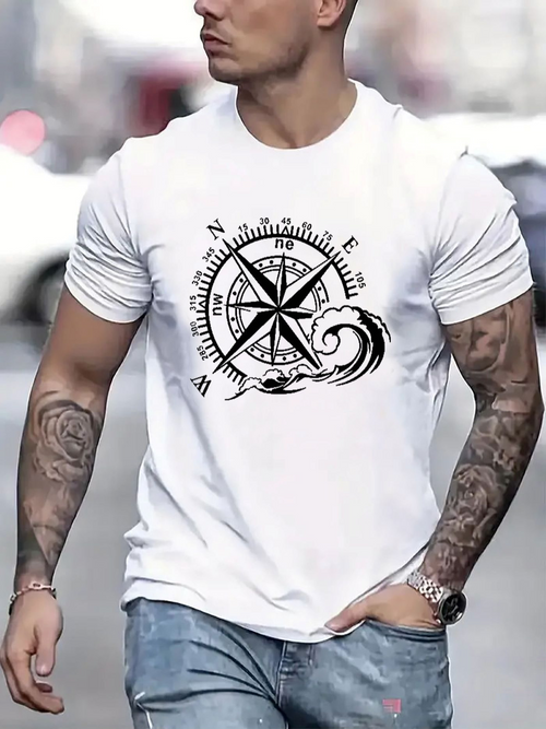 Men's Graphic T-Shirt Nautical Compass With Intricate Wave And Direction Letters