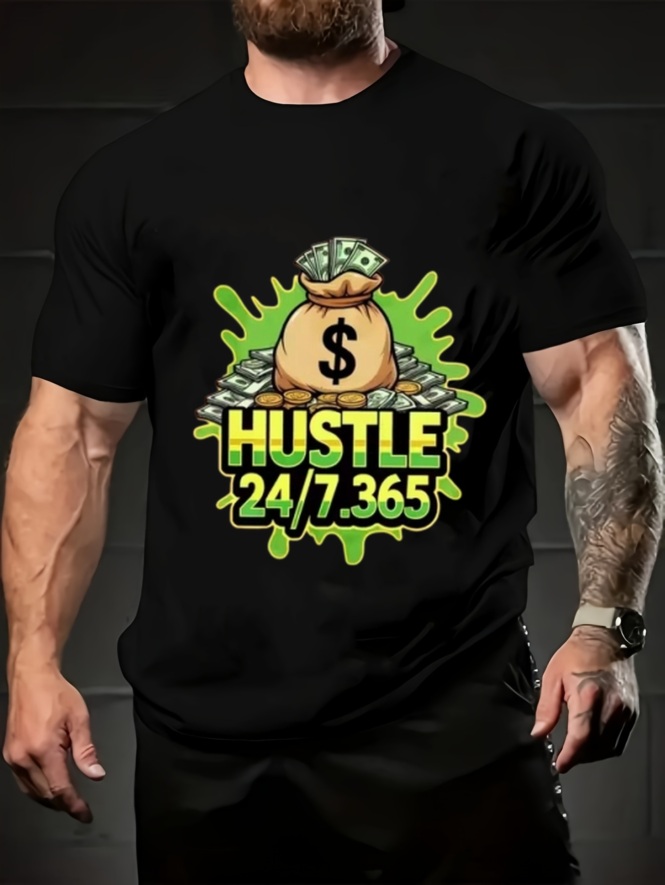 Men's Graphic T-Shirt Hustle 24 7 365 With Cash Splash And Money Bag