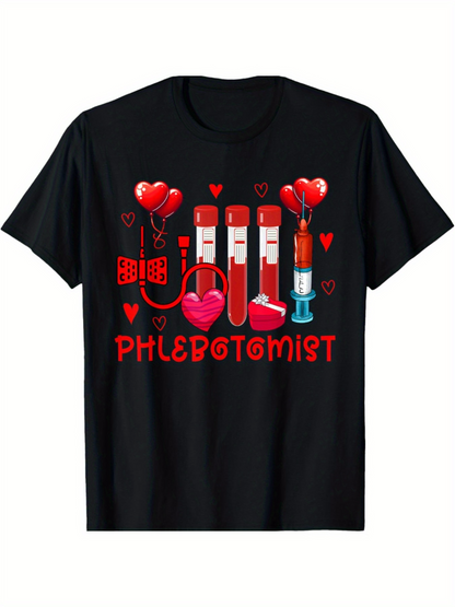 Men's Graphic T-Shirt Phlebotomist Red Hearts And Blood Sample Tubes With Syringe