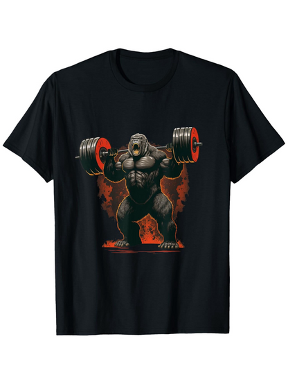 Men's Graphic T-Shirt Fiery Powerlifting Scene With Muscular Gorilla Lifting Heavy Barbell