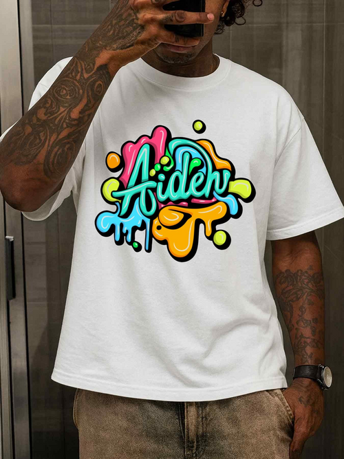 Men's Graphic T-Shirt Colorful Graffiti Paint Splash With Playful Lettering Aiden