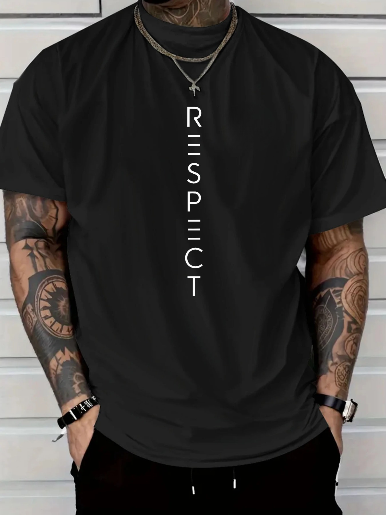 Men's Graphic T-Shirt Vertical Modern Letters With Clean Simple White Type Respect
