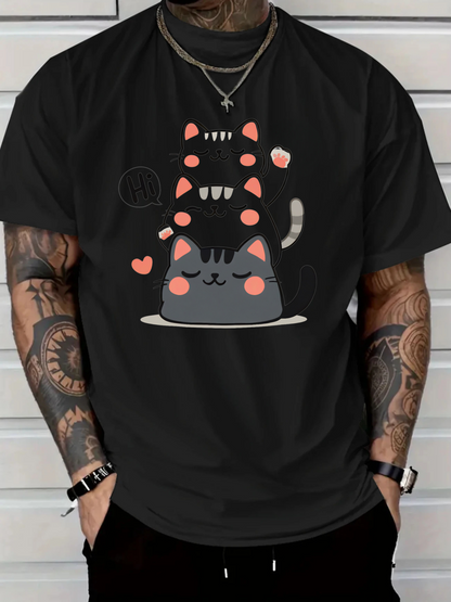 Men's Graphic T-Shirt Playful Cartoon Cats With Blushing Cheeks On Cozy Plate Cat