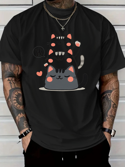 Men's Graphic T-Shirt Playful Cartoon Cats With Blushing Cheeks On Cozy Plate Cat
