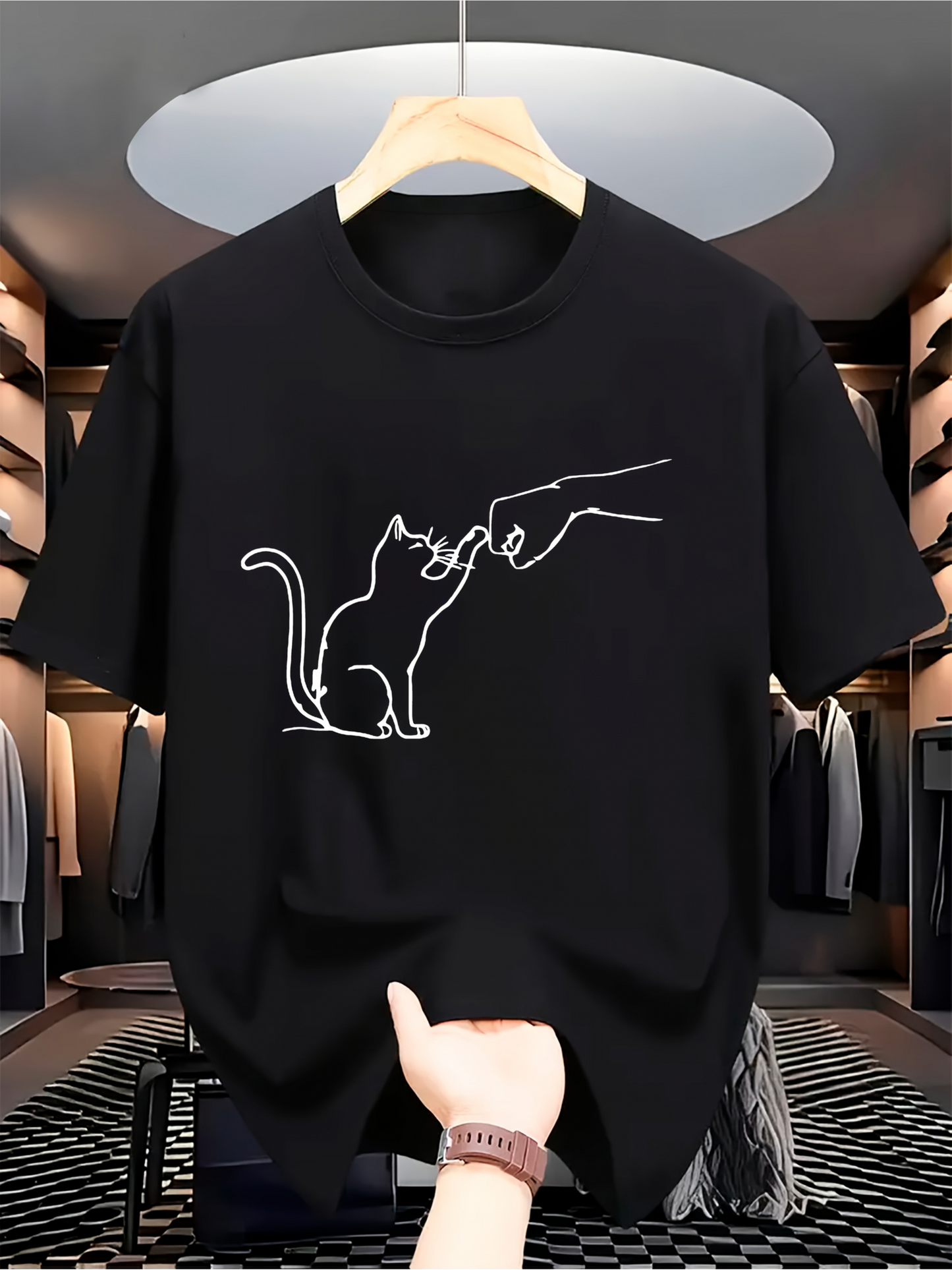 Men's Graphic T-Shirt Minimalist Line Art Cat Reaching Out Playful Hand Cat