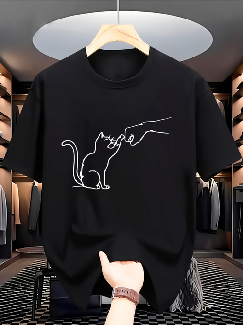 Men's Graphic T-Shirt Minimalist Line Art Cat Reaching Out Playful Hand Cat